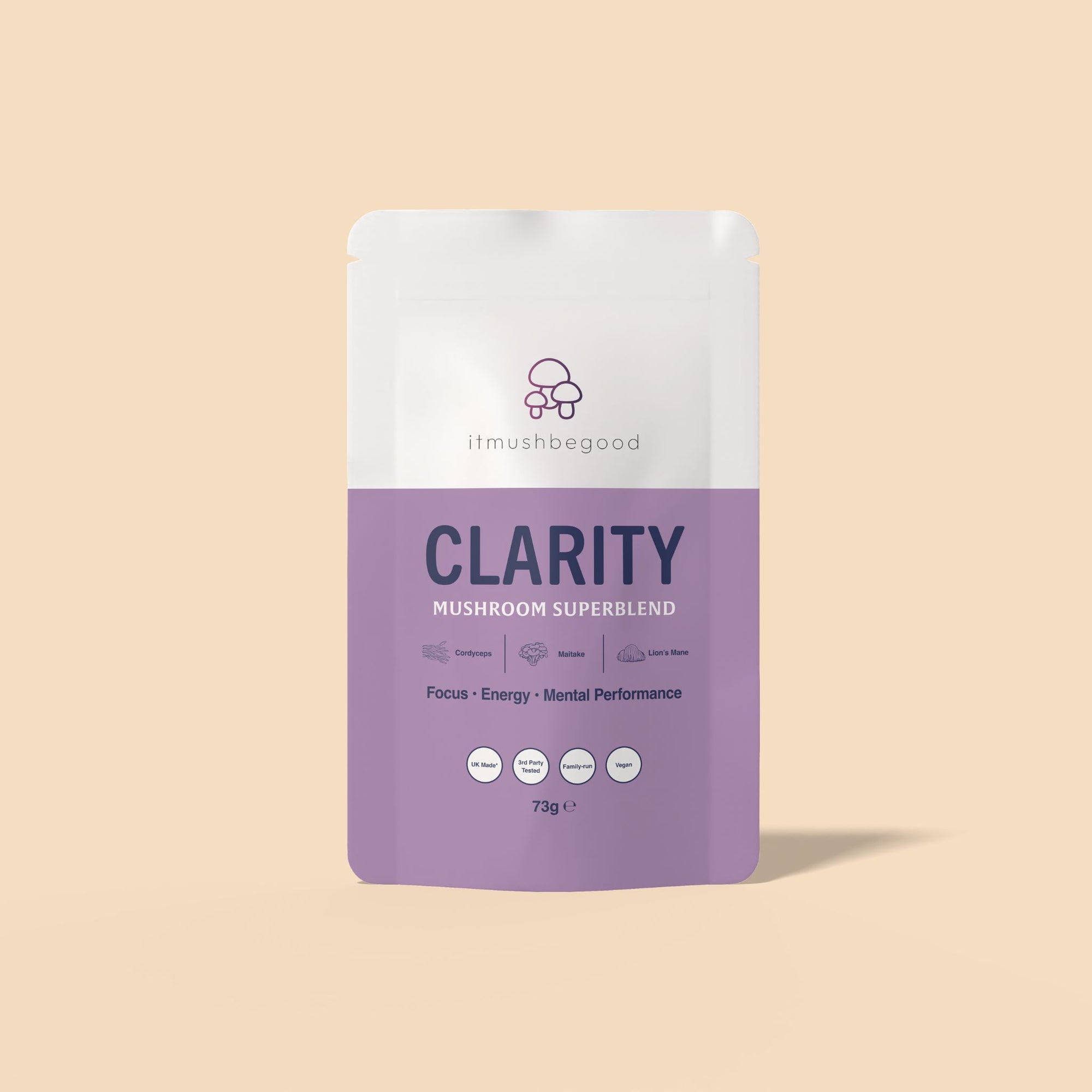 Clarity Mushroom supplement on a peach background