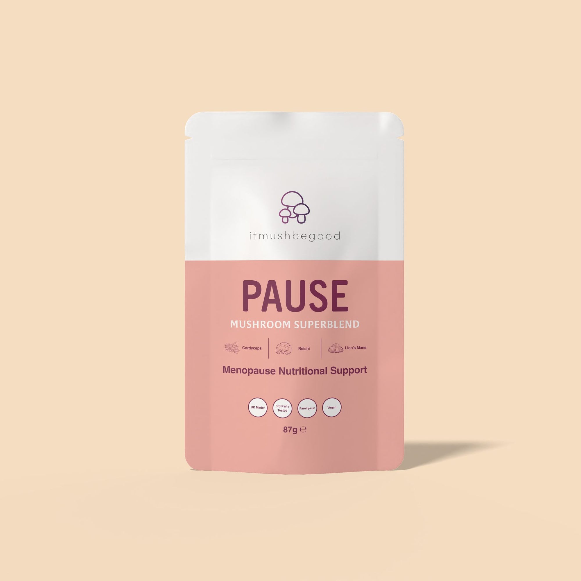 Pause menopause support supplement on a peach background