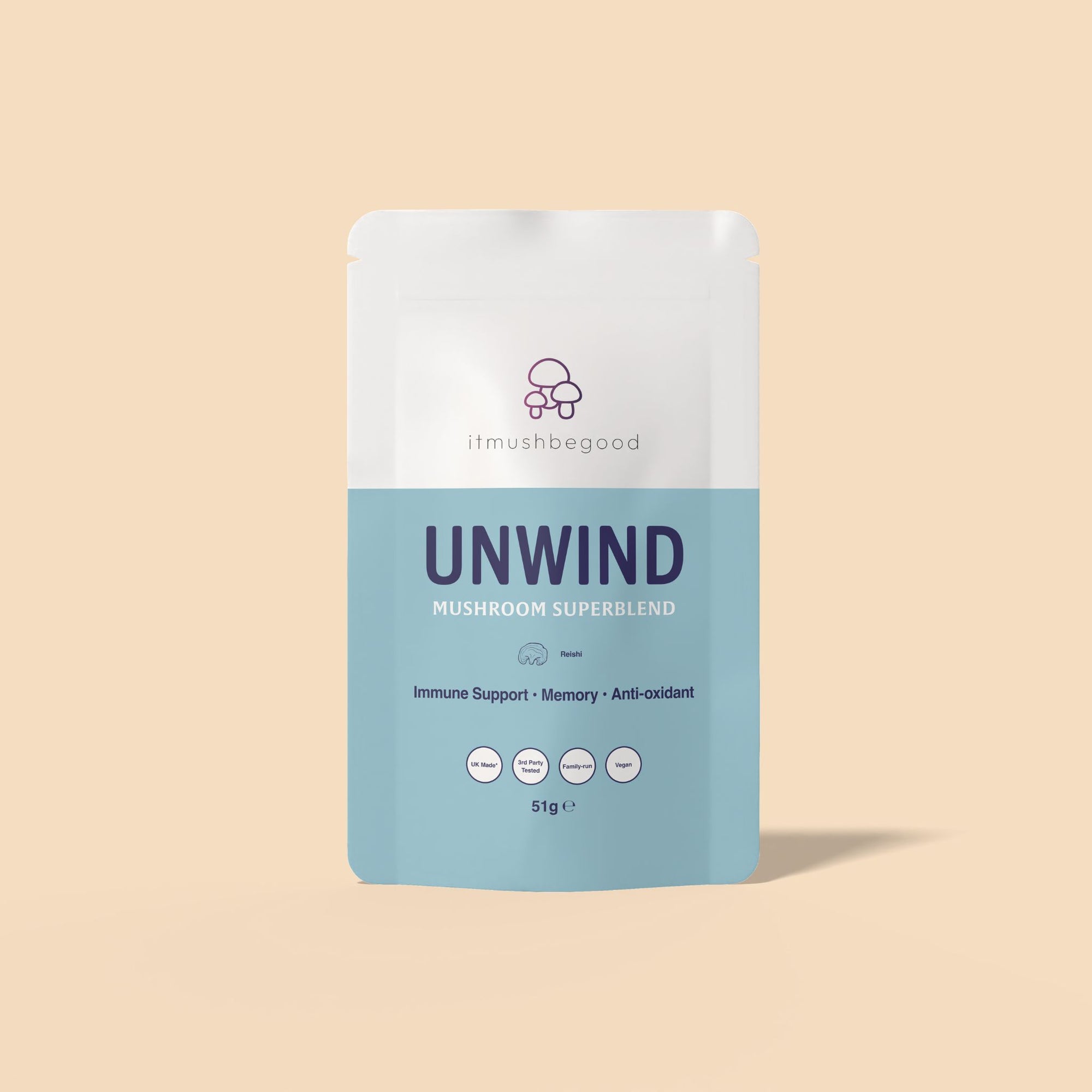 Unwind mushroom supplement sachet on a peach background